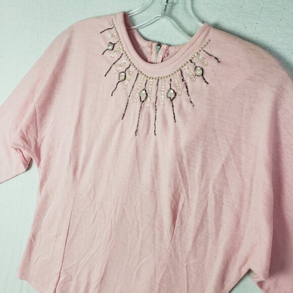 Vintage Union Label 60s 70s Knit Blouse Top Beaded Pastel Pink Half Sleeve M/L - Picture 11 of 11